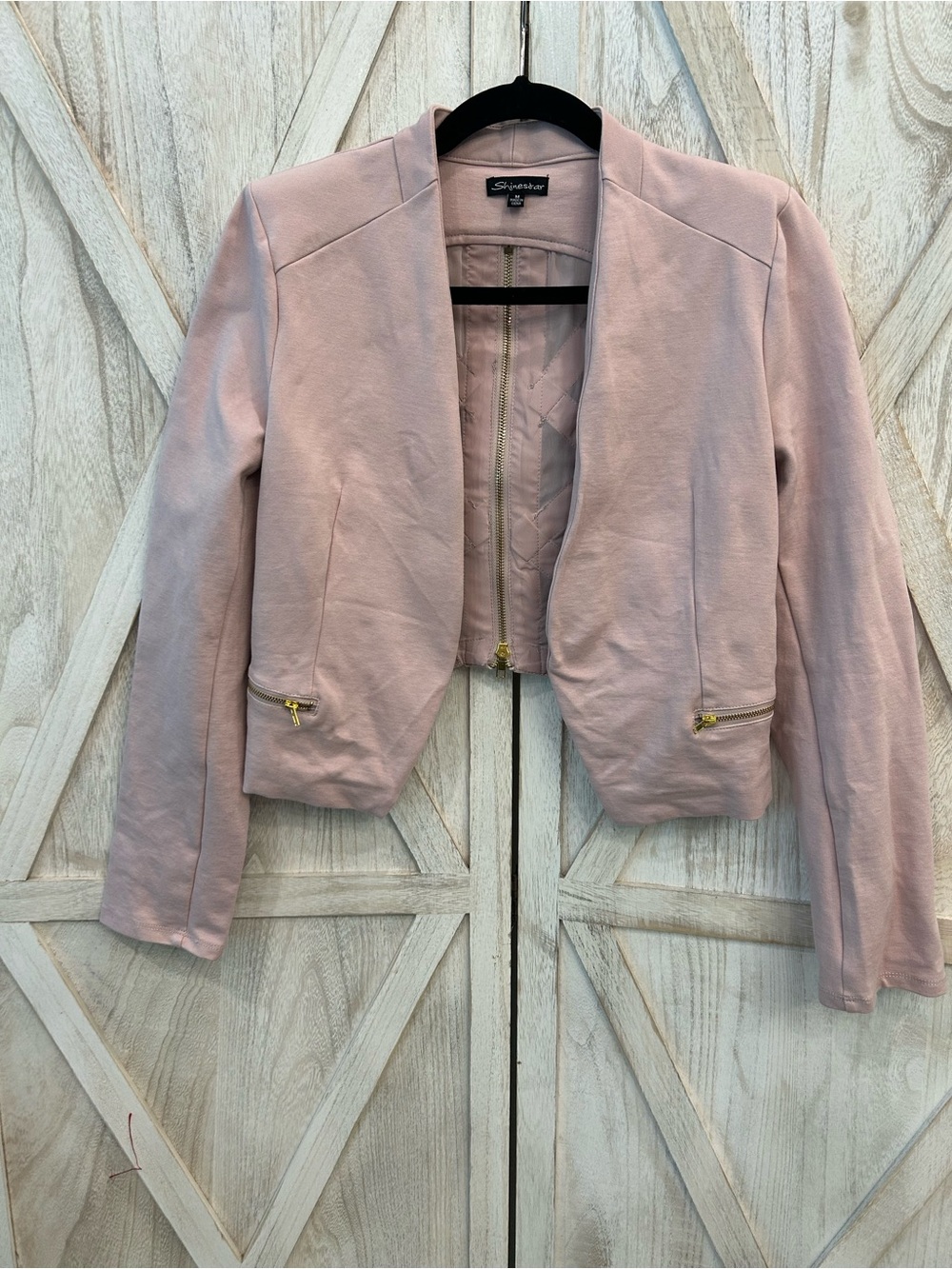 Shinestar Blush Pink Cropped Blazer with Gold Zippers